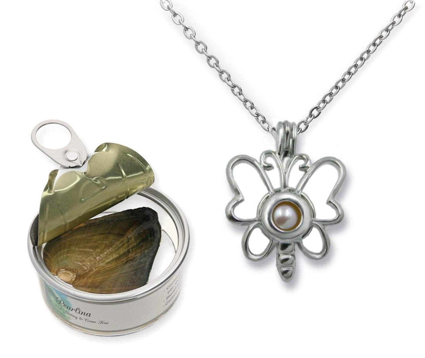 Pearlina Butterfly Necklace Cultured Pearl in Oyster Silver tone Plated Cage w/Stainless Steel Chain 18"