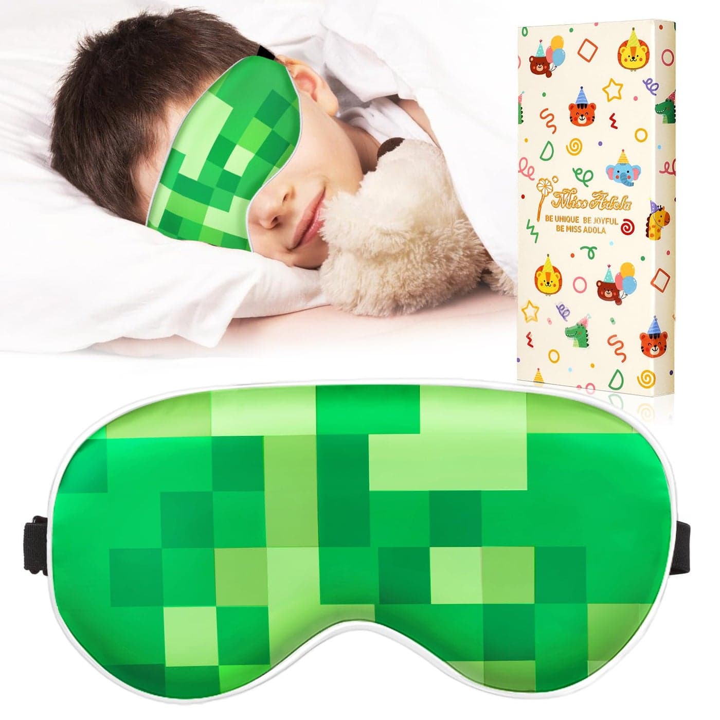 Miss Adola Sleep Mask for Kids Cute Kawaii Cartoon Silk Sleeping Mask with Adjustable Strap Soft Smooth Light Eye Mask for Sleeping Silk Kids Eye Cover for Boys Girls Teens Green Grid World
