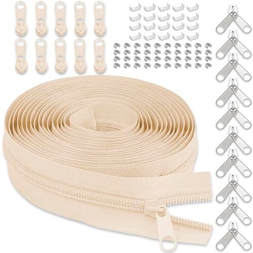 5 Nylon Zipper Tape for Sewing YZSFIRM 10 Yards Beige by The Yard Nylon Coil Zippers for DIY Sewing Craft with 10 Bulk Metal Zipper Slider and 10 Double Slider