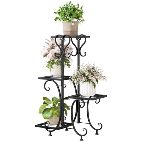 INGIORDAR Plant Stand Indoor Outdoor Shelf 4Tier Metal Holder Pot Rack Multiple Plants Stand Tall Flower Shelf Corner Living Room Garden,Black (Black, 4 Pots)