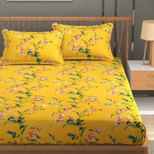 FRESH FROM LOOM Premium Glace Cotton Bedsheet | King Size for Double Bed | Hypoallergenic Soft Fabric | Anti-Fade Floral Print(Size - 90x100, Marigold Bright Yellow)