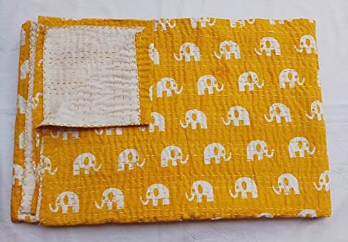 Fashionmart Kantha Quilt Twin Size Handicraft Jaipuri Quilt Handmade Bed Cover Cotton Kantha Blanket Throw Home Decor Bedspread Bedsheet Twin Sizer Yellow 60X90I nches KQ101