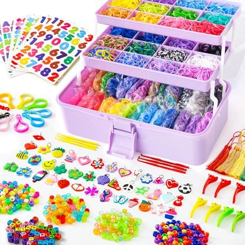 INSCRAFT 17500 Rubber Loom Bands with 3 Layer Light Purple Container 28 Colors 600 SClips 352 Beads 40 Cartoon Pendant Bracelet Making Refill Kit for Kids