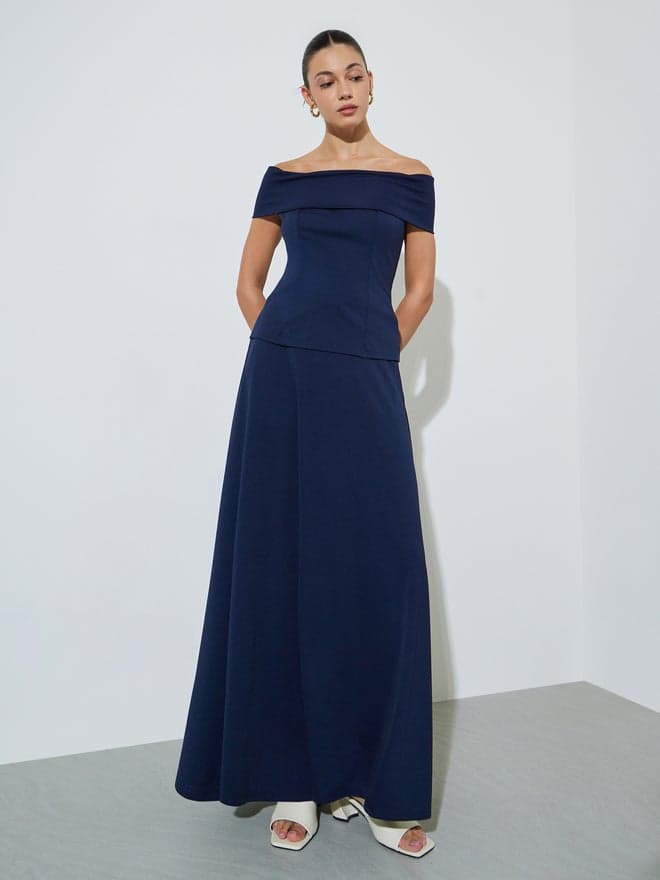 Styli Navy Blue A-Line Maxi Skirt with Belt