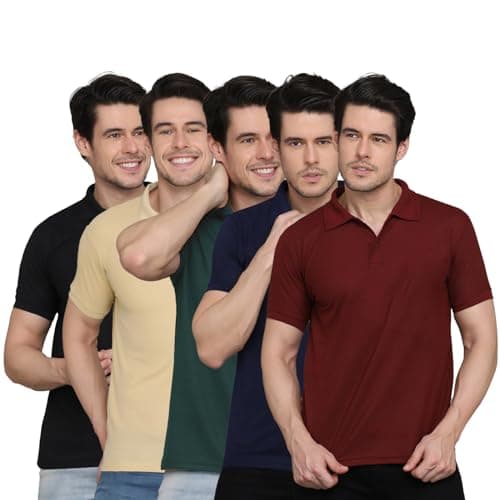 INKKR Men's Regular Fit Polo Neck T-Shirt Combos (Pack of 5)(Blk,Beg,Grn,NVY,MRN-XXL)
