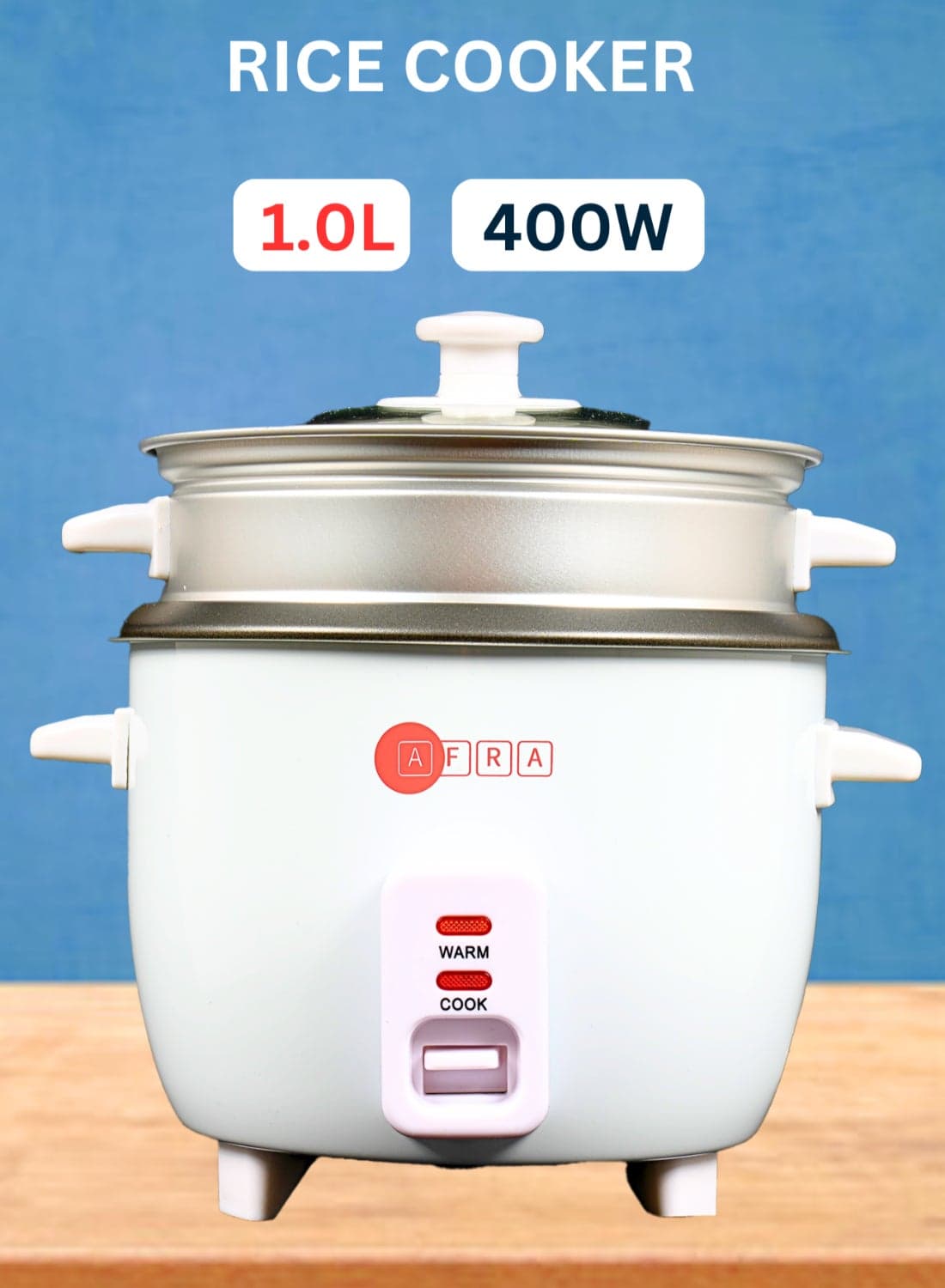 Rice Cooker | 1.0L Capacity | 400W | Glass Lid | Aluminium Steamer | Non-Stick Inner Pot | Automatic Keep Warm Function | 2-Year Warranty 1 L 400 W AF-1040RCWT White