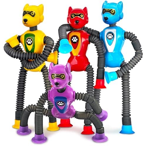 Valentines Day Gift for Classroom Boys Robot Dog Sensory Pop Tube for Toddler Kid 4PC Travel Toys Airplane Car Toy Activities Autistic Road Trip Suction Tube for Boys 3 8 ADHD Autism