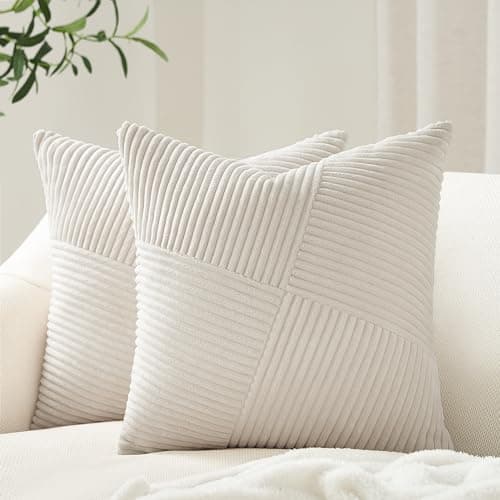 Topfinel Cream White Decorative Neutral Throw Pillow Covers 18x18 Inch for Couch Sofa Bed, Soft Corduroy Striped Patchwork Windmill Textured Square Cushion Covers Set of 2 Spring Boho Home Decor
