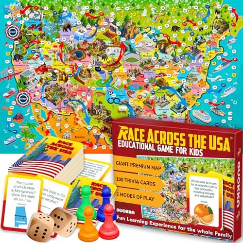 QUOKKA Board Game for Kids 812 Learning Educational Card Games for Ages 68 Indoor Outdoor Activity for Teens Adults Family Geography United States 100 Question Cards with Top Facts