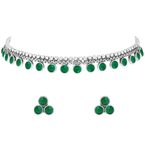 Peora Silver Plated Green Synthetic Stone Studded Choker Necklace Stud Earrings Ethnic Jewellery Set for Women Girls