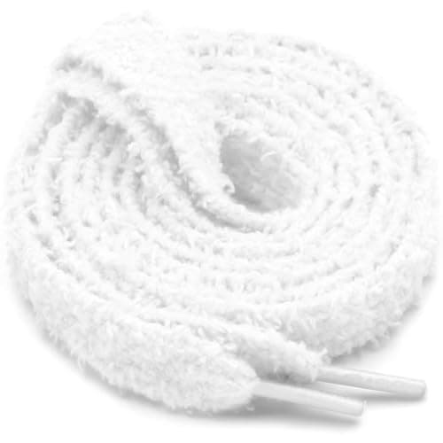 WEGOODZF Flat Fuzzy Shoe laces: 2 Pairs 1.5CM Wide 47 inch White Soft Plush Sneakers Shoelaces