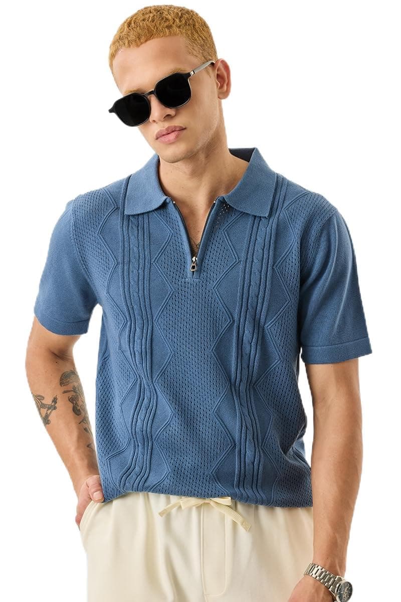 SNITCH Men's T-Shirts | Slim Fit Textured Knit Cotton T-Shirt with Zip Collar | Breathable Fabric, Textured Knit Design, Casual Wear |Blue