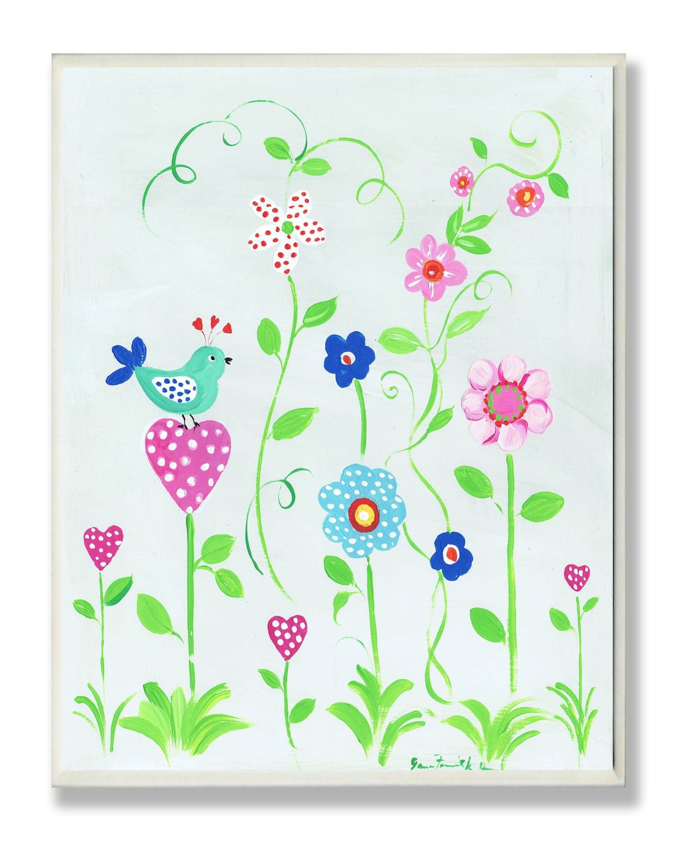 The Kids Room by Stupell Blue Bird Perched on Polka Dot Heart Flower Rectangle Wall Plaque