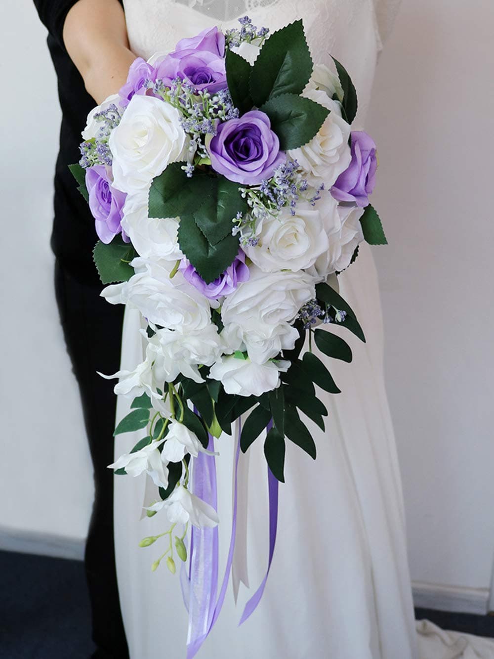 ChezMax Wedding Bridal Bouquet Artificial Rose Flowers with Ribbons Waterfall Flowers Bunch for Decorations