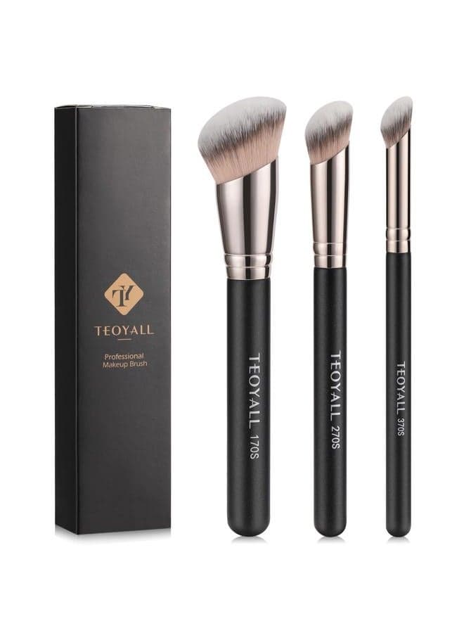 Foundation Contour Conceal Brush Set, 3PCS Angled Synthetic Kabuki Brush for Blending Setting Buffing with Liquid, Cream and Powder Cosmetic (170S/270S/370S)