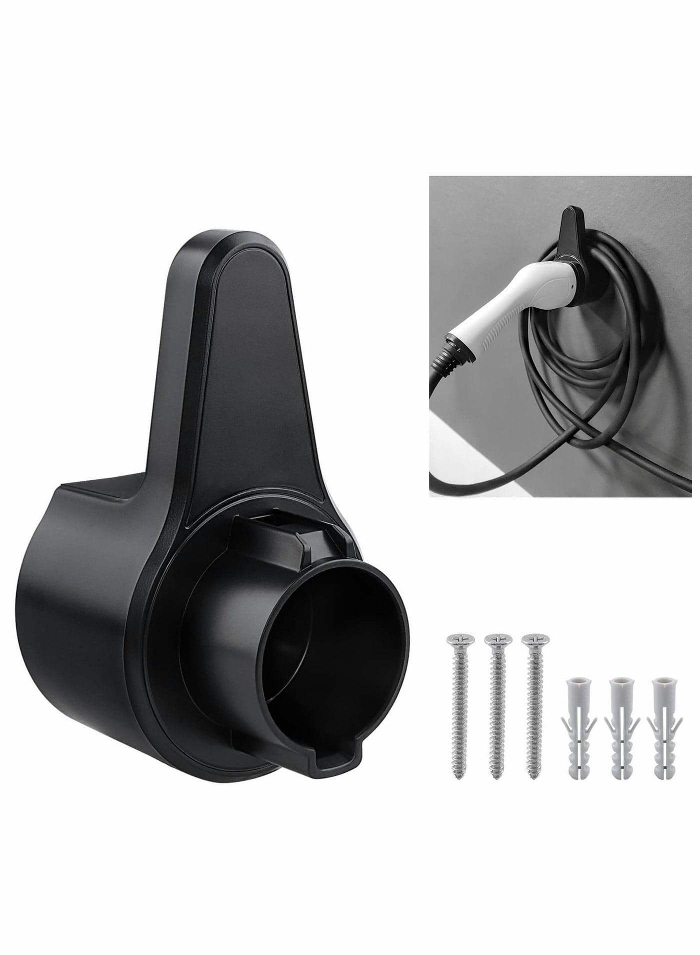 EV Charger Holder, ABS Waterproof Wall-Mount Electric Vehicle Charging Nozzle Plug Holster Cable Hook with Screws for All SAE J1772 Cars Connector