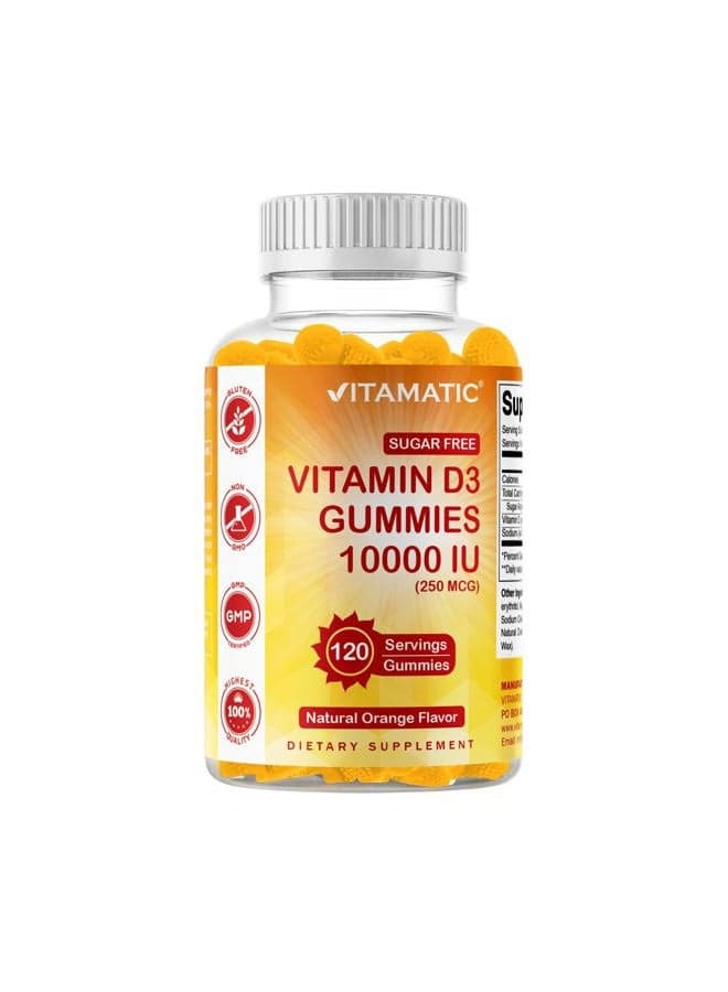 Sugar Free Vitamin D3 10000 IU - 120 Pectin Based Gummies - Great Taste - Healthy Bones, Mood & Immune System Function - Non-GMO - 120 Servings