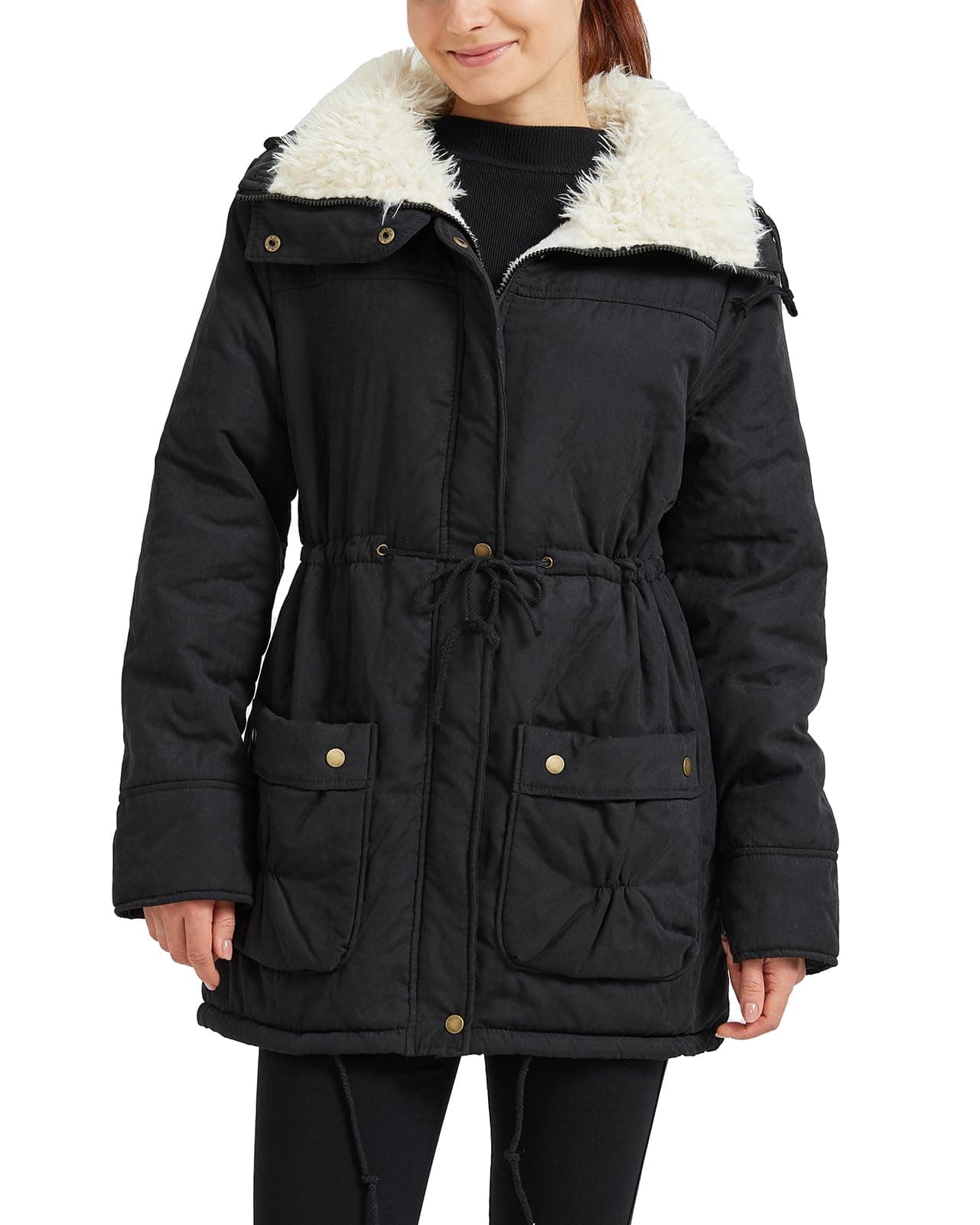 MEWOW Women's Winter Mid Length Thick Warm Faux Lamb Wool Lined Jacket Coat (S, Black)