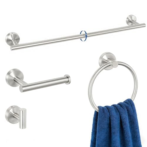 HOMOTEK 4 Pieces Bathroom Accessories Hardware Set, 24 inch Towel Bar, Towel Ring, Robe Hook, Toilet Paper Holder, Stainless Steel Rack Kit Wall Mounted, Brushed Stainless Steel