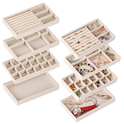 CDBOVID Set of 8 Stackable Jewelry Organizer Stackable Trays,Jewelry Drawer Inserts Container Display Case Storage for Earring Necklace Rings Bracelet Watch with Removable Dividers-Beige