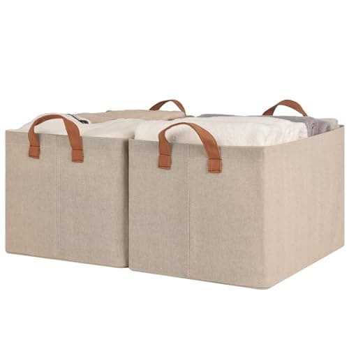 StorageWorks Storage Bins Shelves Baskets for Organizing Large Fabric Closet Organizers with Handles Metal Frame Brown and Beige 2Pack