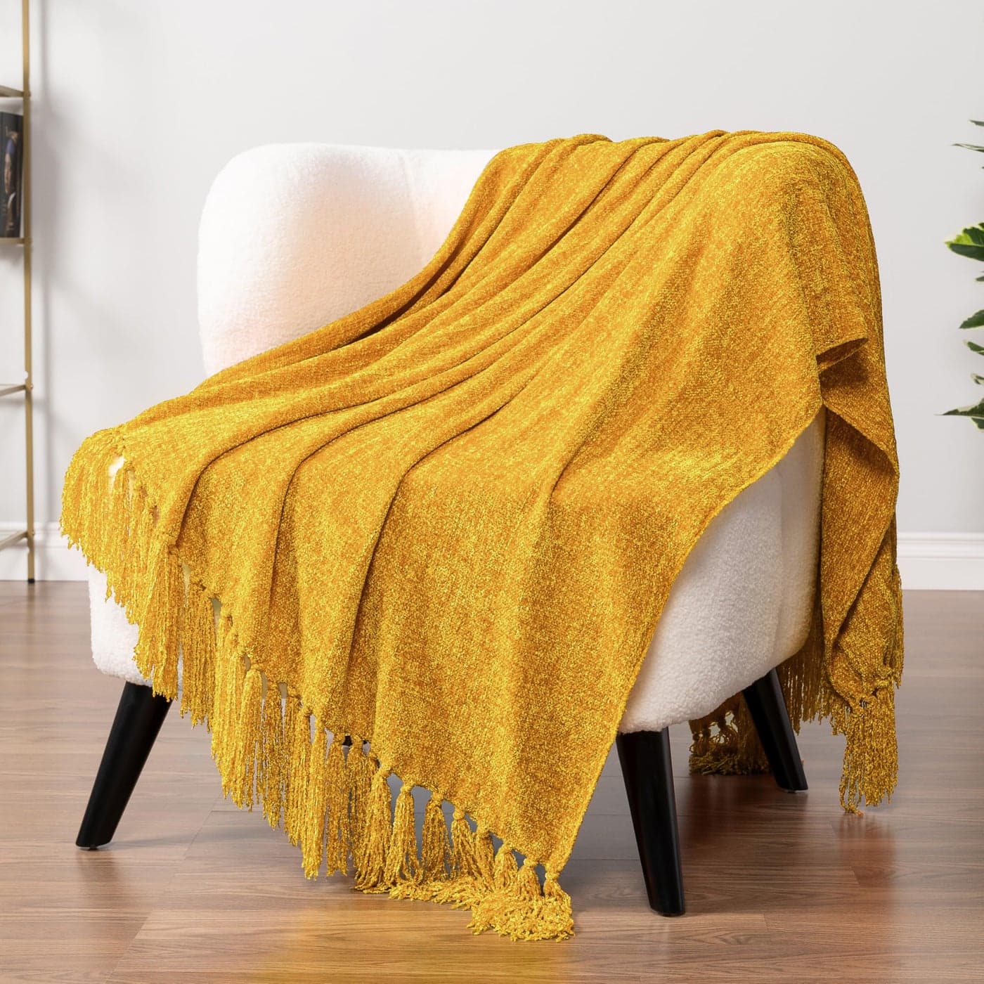 Pavilia Mustard Yellow Throw Blanket for Couch Sofa Bed Soft Knit Woven Gold Blanket with Tassel Decorative for Chair Living Room 50x60