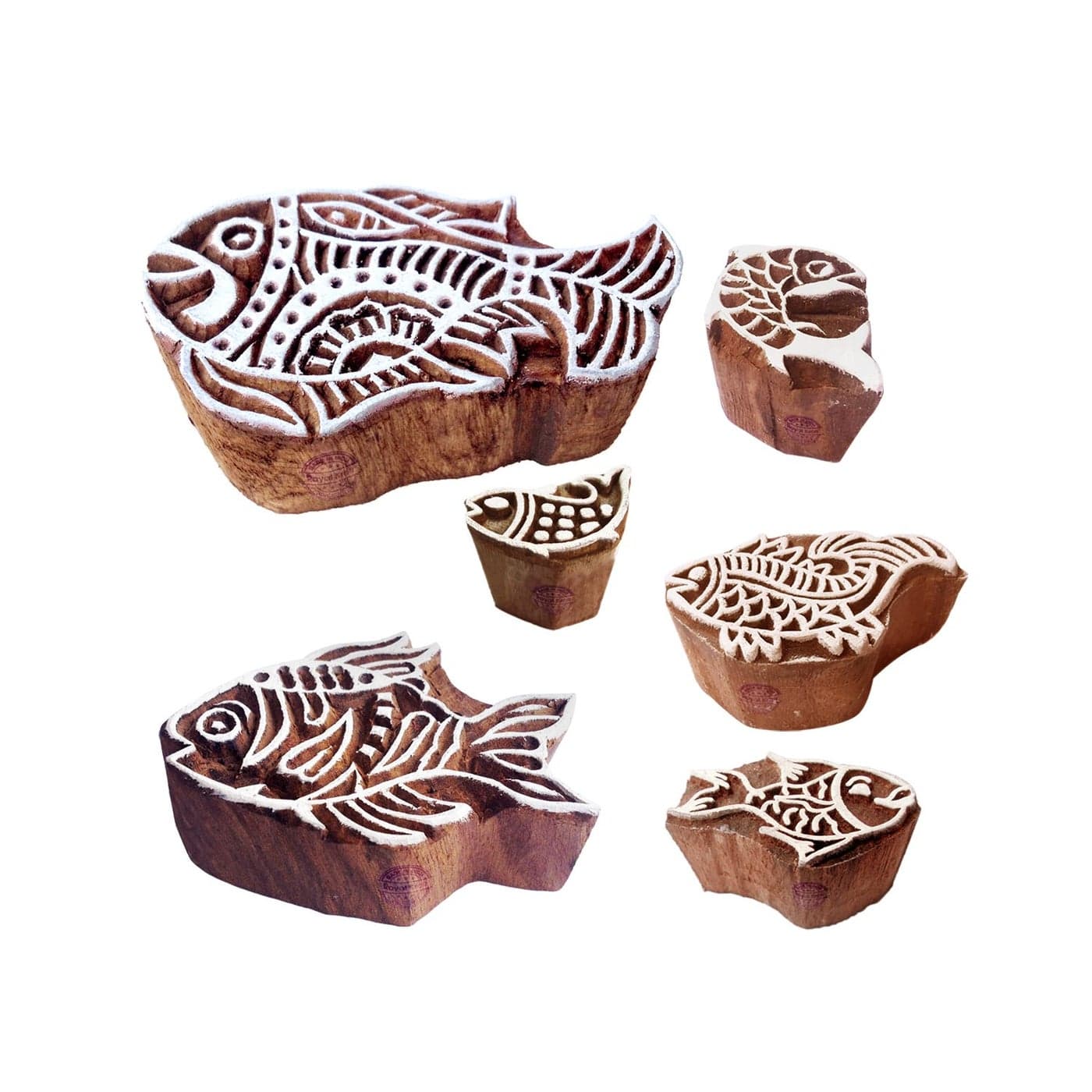 Pottery Printing Blocks Retro Fish Pattern Wooden Stamps Set of 6 Htag1958