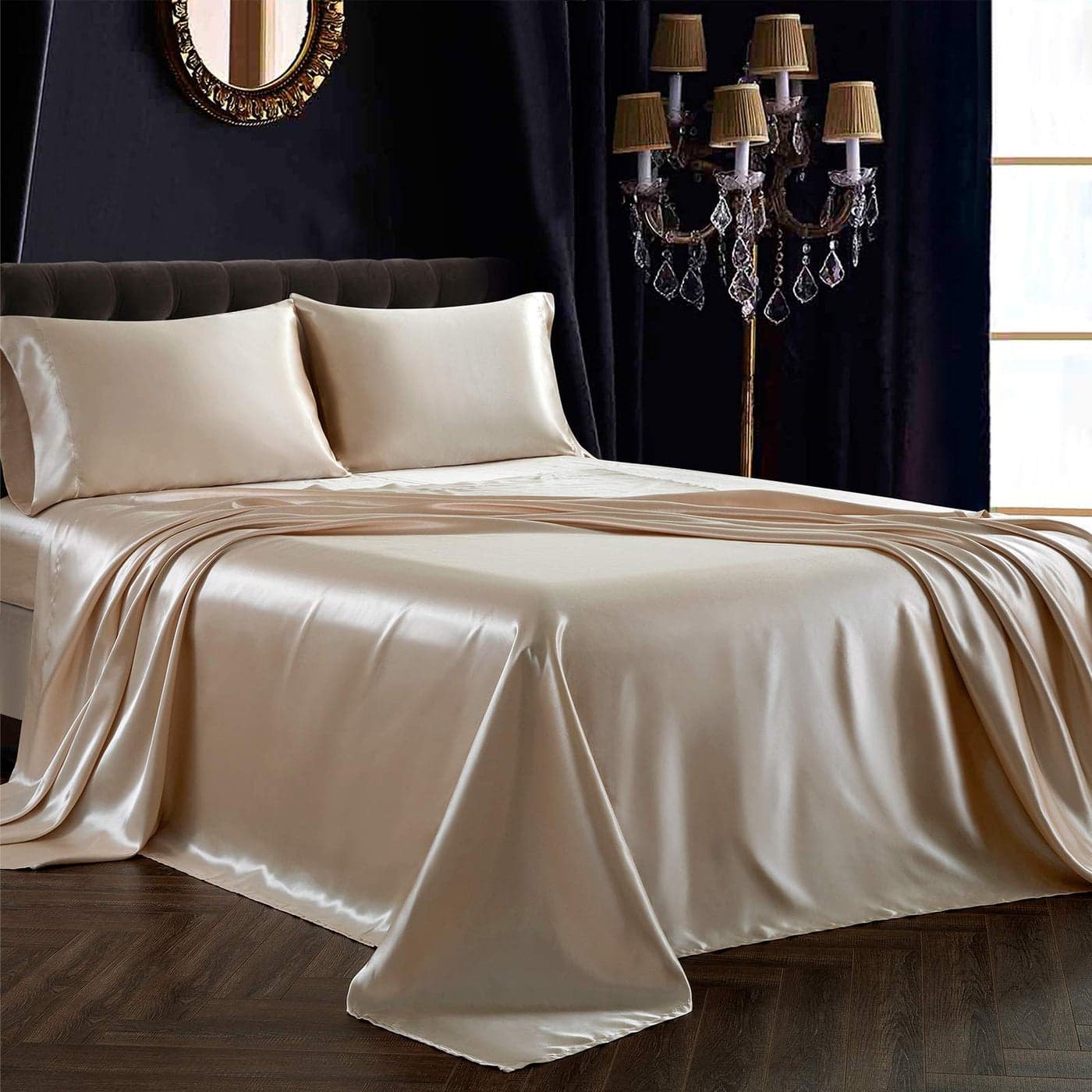 SiinvdaBZX 4Pcs Satin Sheet Set Queen Size Ultra Silky Soft Beige Satin Queen Bed Sheets with Deep Pocket 1 Fitted Sheet 1 Flat Sheet 2 Envelope Closure Pillowcases