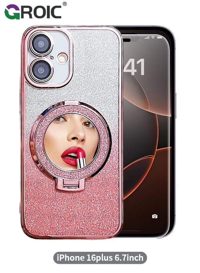 Magnetic Case for iPhone 16 Plus 6.7 Inches with 1 Pack Screen Protector,Mirror Kickstand Glitter Case Compatible with MagSafe, Bling Sparkly Phone Cover with Makeup Mirror & HD Tempered Glass Film