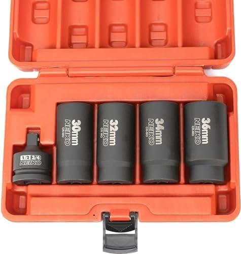 NEIKO 02530A 5 Piece 12 Point Socket Set 1/2” Drive,Lug Nut Remover, Spindle Nut Socket, Axle Nut Socket Set, Metric 30mm-36mm Socket 1/2 Drive Impact Set, Cr-Mo Impact Adapter, 3/4"-1/2” Reducer