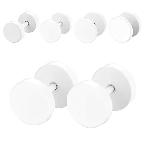 4 Pairs Unisex 6-12MM Stainless Steel Stud Earrings Set,Cupimatch Ear Piercing Plugs Faux Gauges Illusion Tunnel Screw Earrings for Halloween, White (4 Pairs)…