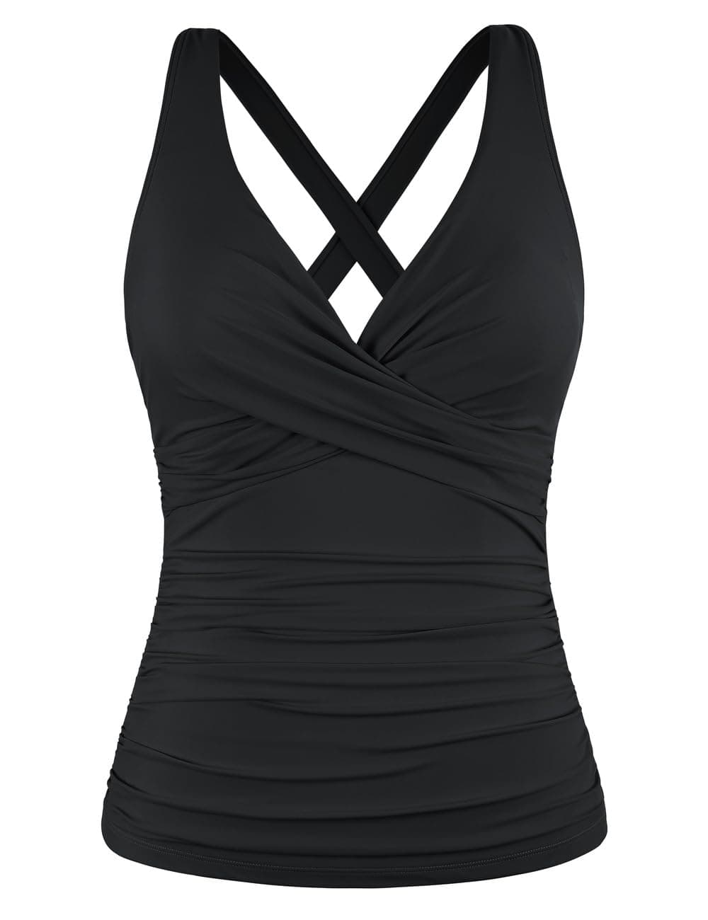Hilor Underwire Tankini Bathing Suits for Women Top Only Sexy Black V Neck Swim Top Ruched Tummy Control Swimsuits 16