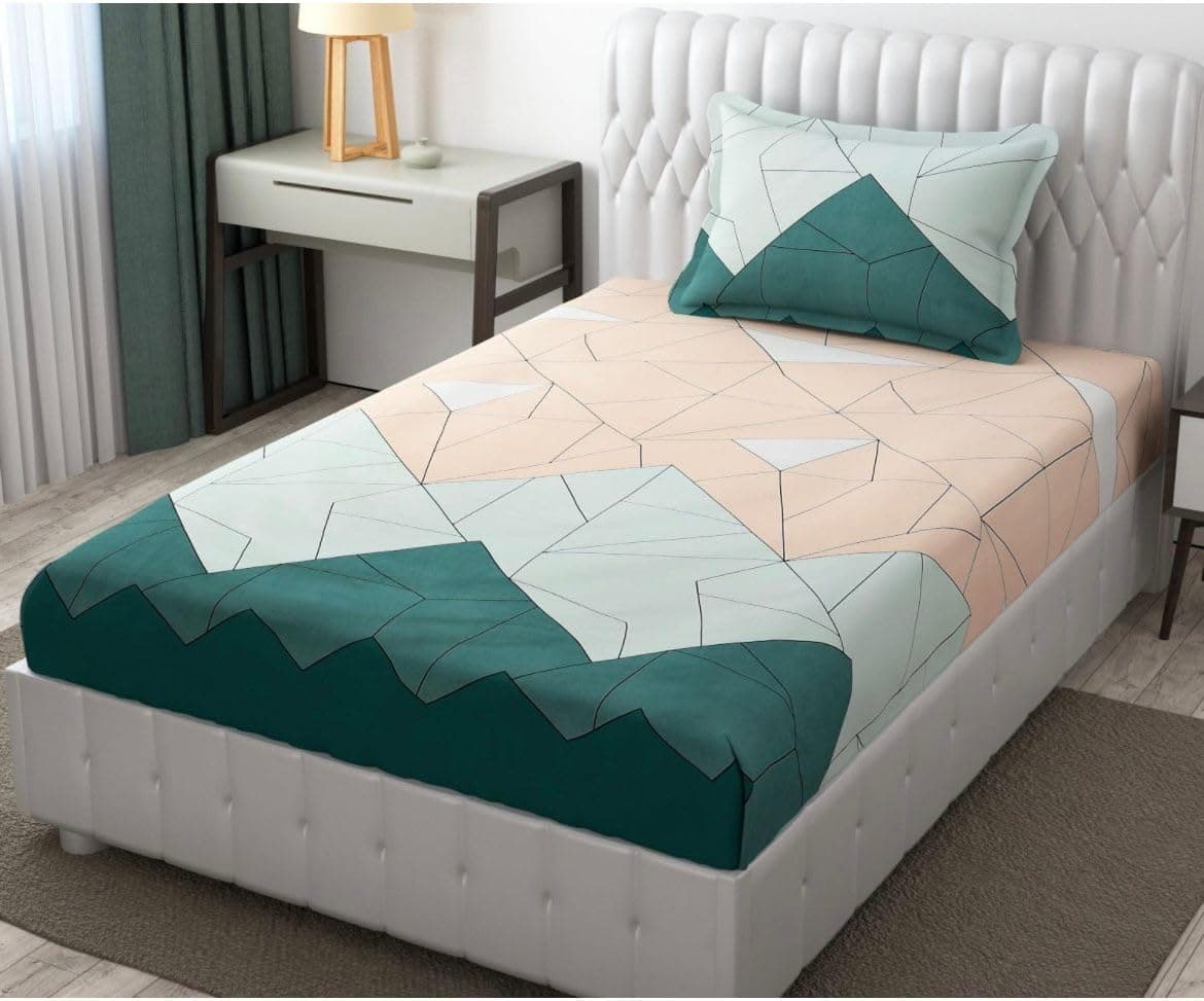 Harbell Home Glace Cotton 200 TC All Round Elastic Fitted Bedsheet for Single Bed with 1 Pillow Cover Fits Upto 6 inches Mattress | Super Soft, Breathable, Wrinkle Free - 72x48 Inches, Design11