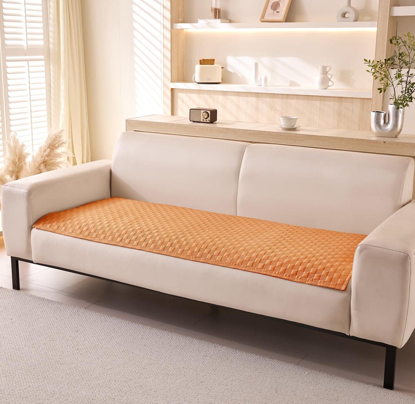 House of Quirk Luxury Waterproof Sofa Cover 1/2/3/4 Seater Anti-Slip Plaid Sofa Cover Washable Sofa Slipcover Furniture Protector from Pets Replacement Protector (Four Seater, Tan, 70x210cm)