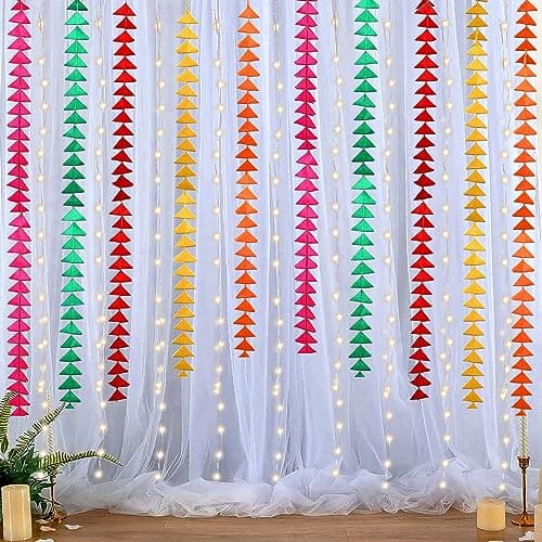 Party Propz White Backdrop for Decoration with Triangle Hanging, Fairy Light- 13 Pcs Holi Decoration Items for Home Decor, Wedding Decoration Items, Holi Backdrop Cloth for Decoration Pooja(Net)