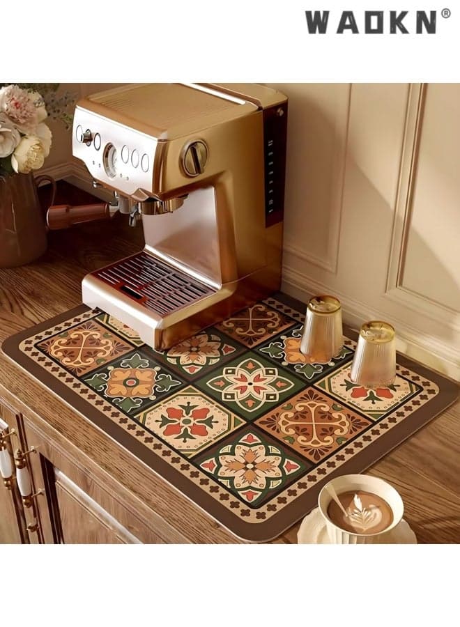 Coffee Mat, Boho Style Dish Drying Mat, Fast Water Absorption, Hide Stains, Easy to Clean, Fit Coffee Bar Accessories, Bar Mats for Countertop, boho Checkered, heat insulation pad , diatomaceous earth material ,40*60cm .