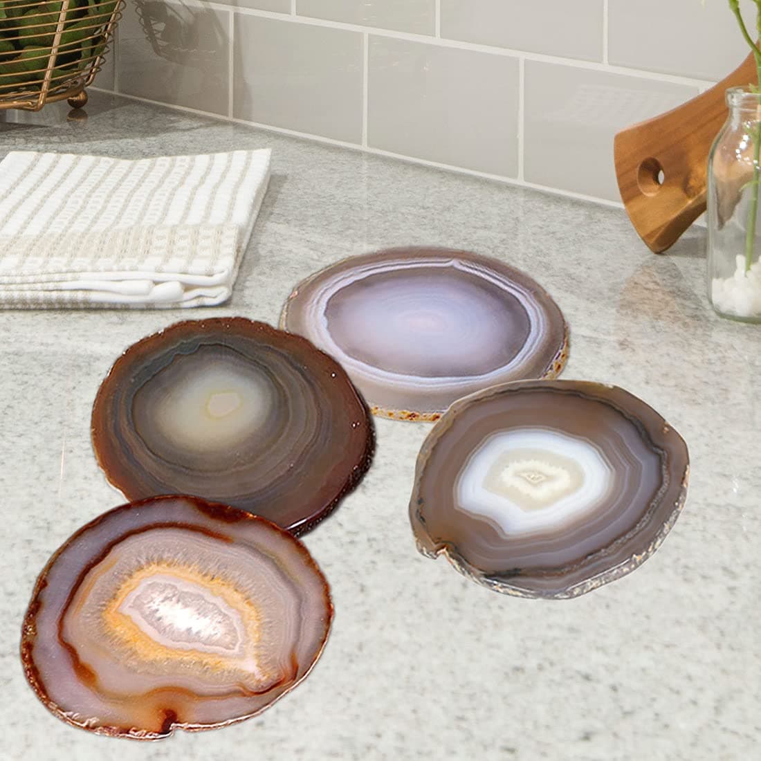 AMOYSTONE Natural Agate Stone Geode Coasters Set of 4 Brown Rock Crystal Quartz 335