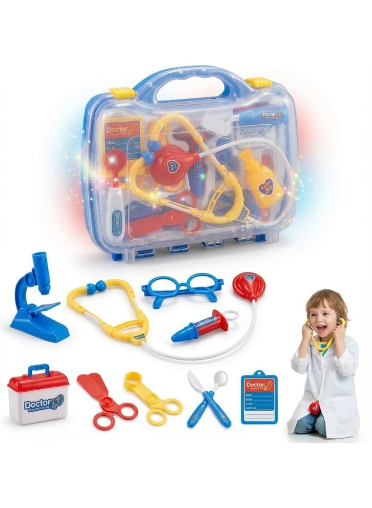 Kids Doctor Kit Pretend Play Set, 15-Piece Doctor Playset with Toy Microscope, Stethoscope & Glasses, Portable Carry Case, Role Play Gift for Boys & Girls Ages 3+