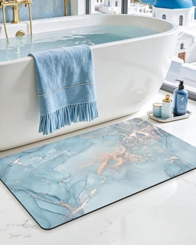 DEXI Bathroom Mat Ultra Thin, Non Slip Bath Rug for Shower Floor, Absorbent Quick Dry Marble Bathmats Low Profile, 17x32, Blue