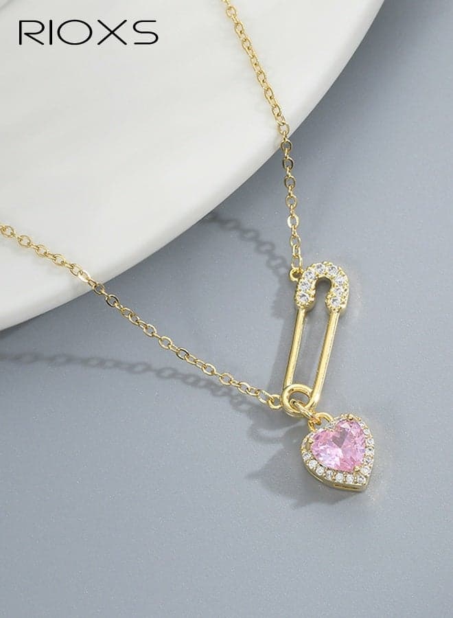 Love Heart Pin Necklace for Women, Cubic Zircon Crystal Heart Necklace, Crystal Paper Clip Chain Necklace, Adjustable Pink Heart Charm Necklace, Party Jewelry Valentine's Day Gift