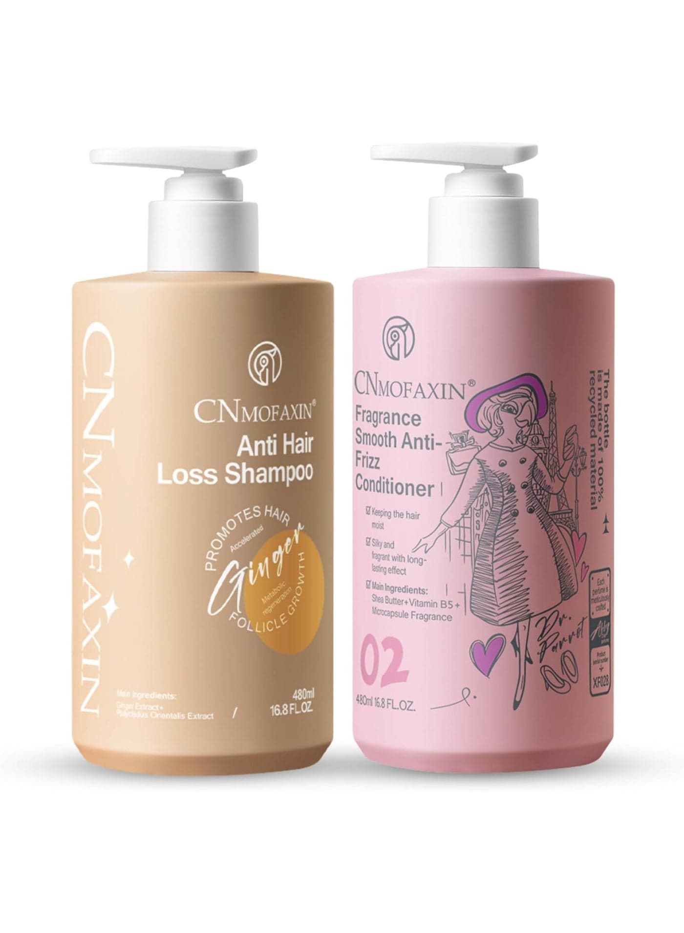 Anti Hair Loss Shampoo and Anti Frizz Conditioner 480ml Each, Nourishing Hair Growth Ginger Shampoo with Castor and Rose Oil and Moisturising Smooth Hair Conditioner
