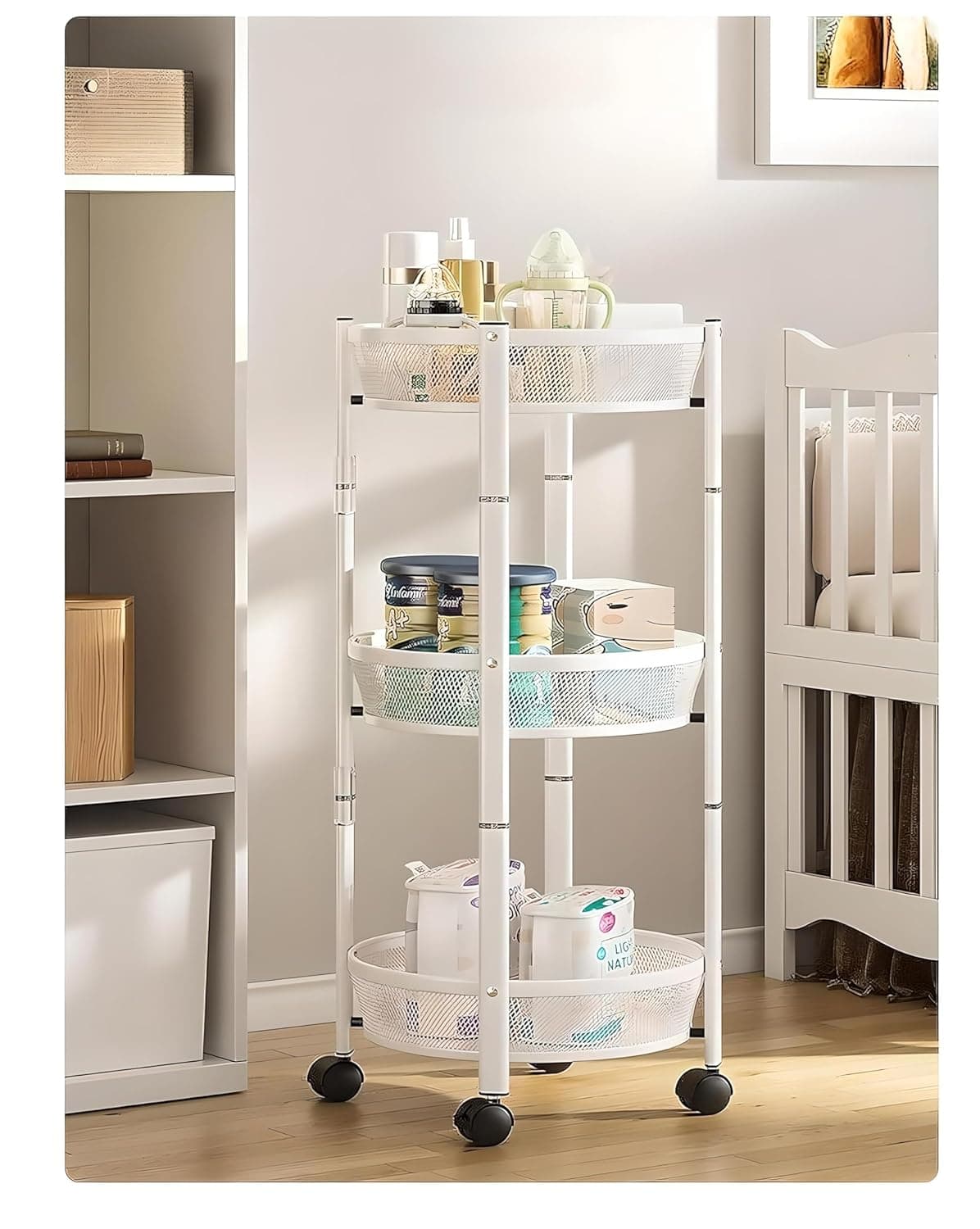 FavHome 3 TierLayer Metal Kitchen Rotating Retractable Trolley Storage Rolling Cart Rack Organizer Items like Vegetable Fruits Basket Stand for Onion Potato Bottles White 3 Tier Retractable White