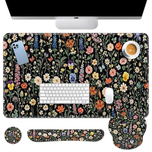 Britimes Black Florals Keyboard Mouse Pad Set Colorful Wildflowers 4in1 Large Mousepad+Keyboard Wrist Rest+Mouse Wrist Rest+Coaster Ergonomic Design for Home Office Computer 35.4x15.7 inches