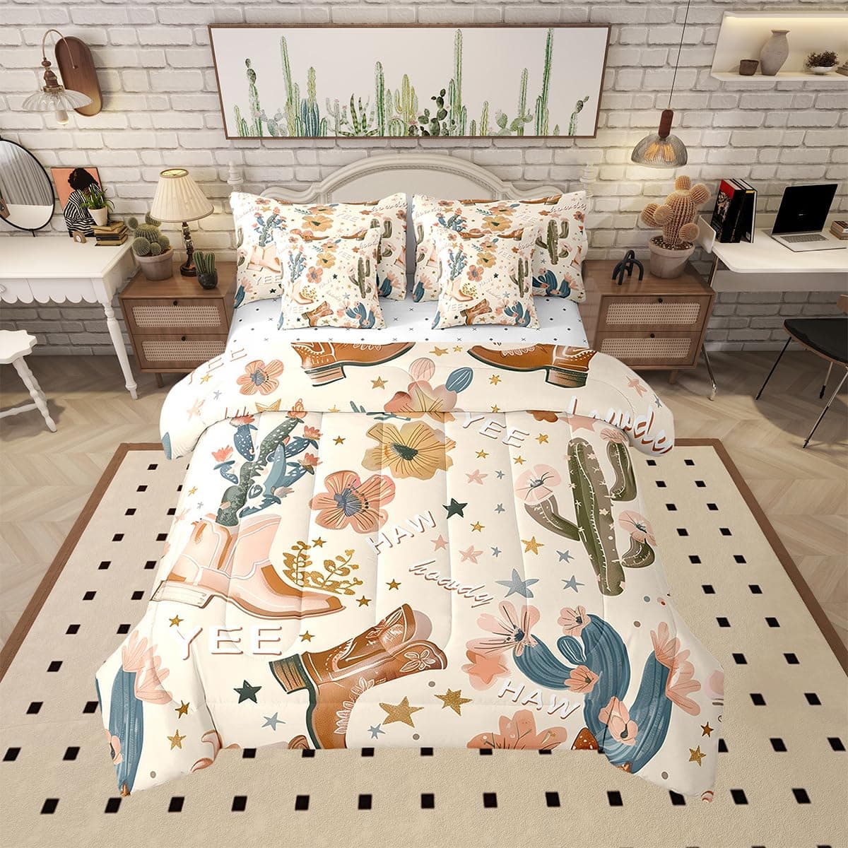 Manfei 7pcs Cowgirl Comforter Set Twin Size Western Cowboy Boots Bedding Set for Kids Girls Room Decor Wild West Cactus Flower Bed in a Bag with Comforter Sheets and Pillow CasesShams