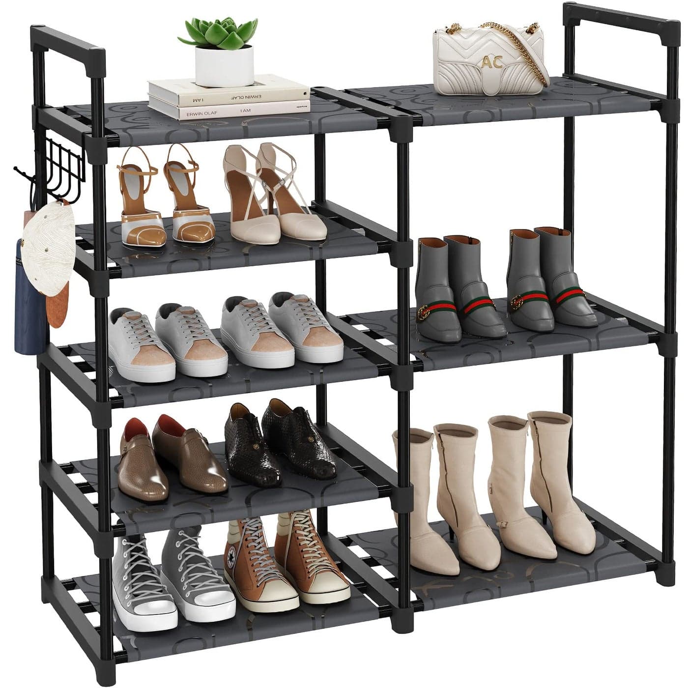 CSXGBAB Black Metal Tubes Closet Shoe Rack 5Tier Oxford Fabric Shelf Easy Assembly Sturdy and Durable Holds Up to 30 lbs
