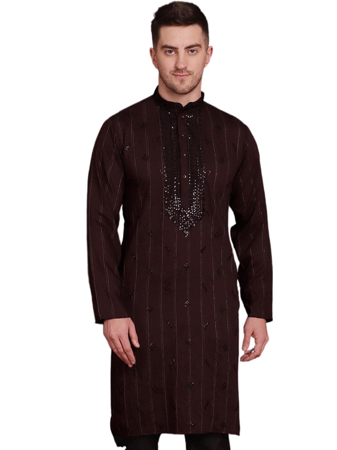 Jompers Sequins Embroidered Kurta Pyjama Set for Men. (Maroon, M)