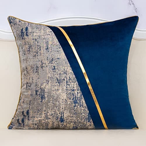 Alerfa 18 x 18 Inch Navy Blue Beige Gold Leather Patchwork Velvet & Polyester Cushion Case Luxury Modern Square Throw Pillow Cover Decorative Pillow for Couch Sofa Living Room Bedroom Car 45 x 45cm