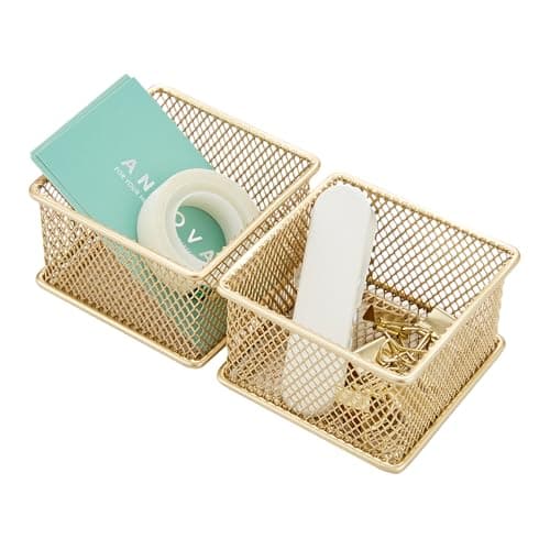 Annova Stackable Mesh Drawer Cabinet and Shelf Organizer Bins Storage Basket School Office Supply Holder Tray Set of 2 Gold 3x3x2 Inch