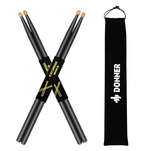Donner Drum Sticks, 7A Snare Black Drumsticks Classic Maple Wood Drum Sticks with Carrying Bag, 2 Pairs