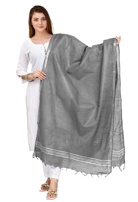 SheenKraft Women's Bhagalpuri Linen Cotton Blend Handloom Dupatta (Stole) with Silver Zari Border_Free Size_Multiple Color Variation 11494_Grey